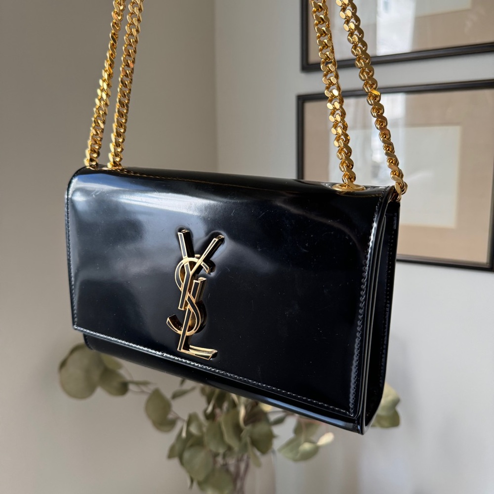 Saint Laurent YSL Kate Small Black Patent Leather Gold Chain Crossbody